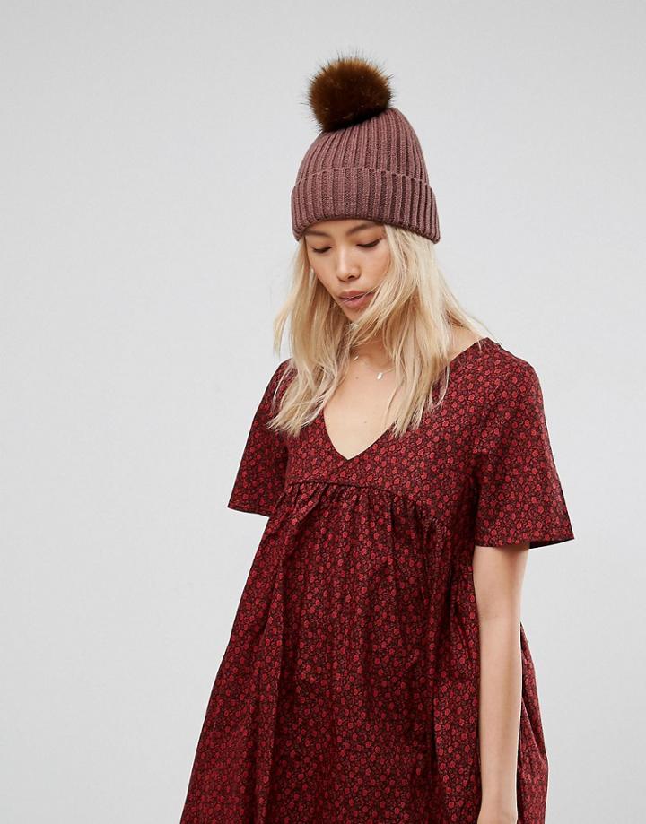 Asos Mauve Rib Beanie With Chocolate Pom - Pink