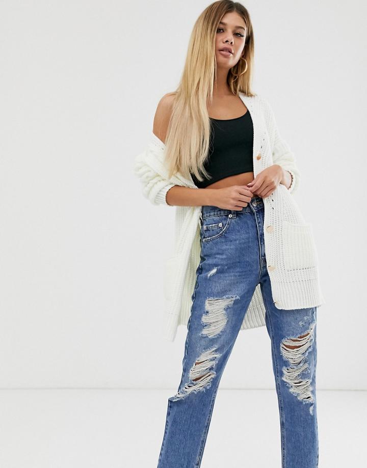Asos Design Chunky Long Cardigan With Moving Rib-cream