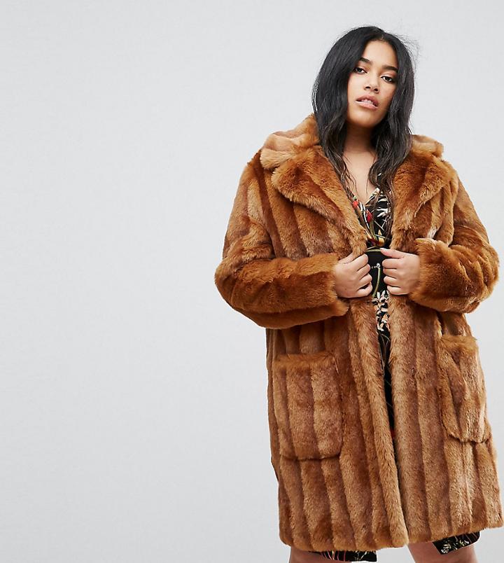 Asos Curve Midi Coat In Pelted Faux Fur - Brown