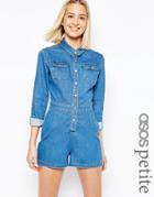 Asos Petite Denim Fitted Western Romper In Mid Wash Blue - Blue