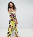 Asos Design Tall Asymmetric Ruffle Maxi Dress With Cut Out Side In Floral Print - Multi
