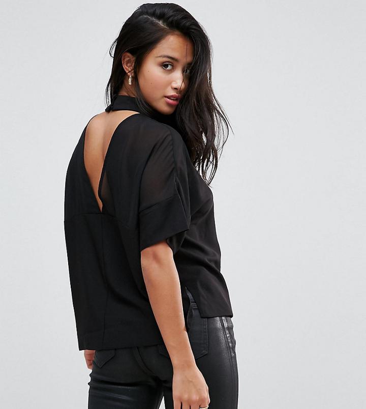 Asos Petite Sheer & Solid Top With Open Back - Black