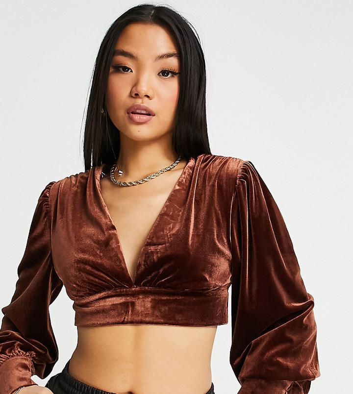 Collective The Label Petite Balloon Sleeve Velvet Coordinating Crop Top In Chocolate-brown
