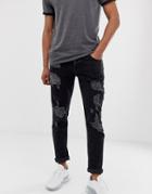 Asos Design Slim Jeans In Washed Black With Heavy Rips - Black