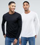 Asos Design Long Sleeve T-shirt With Crew Neck 2 Pack In Black/white Save - Multi