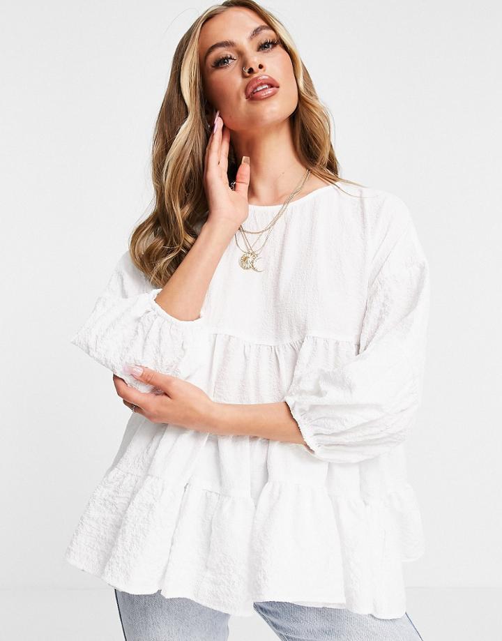 Asos Design Tiered Textured Smock Top In Ivory-white