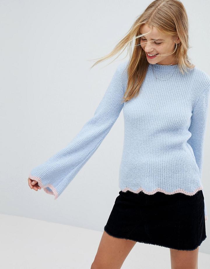 Nobody's Child Sweater With Contrast Scallop Hem - Blue
