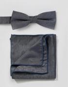 Minimum Bow Tie And Pocket Square Set In Chambray - Blue