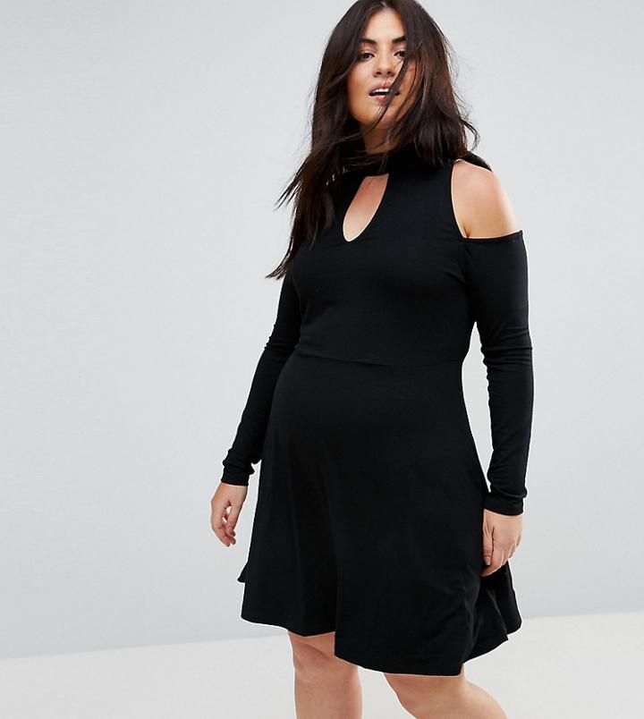Asos Curve Skater Dress With Cold Shoulder And Key Hole High Neck - Black