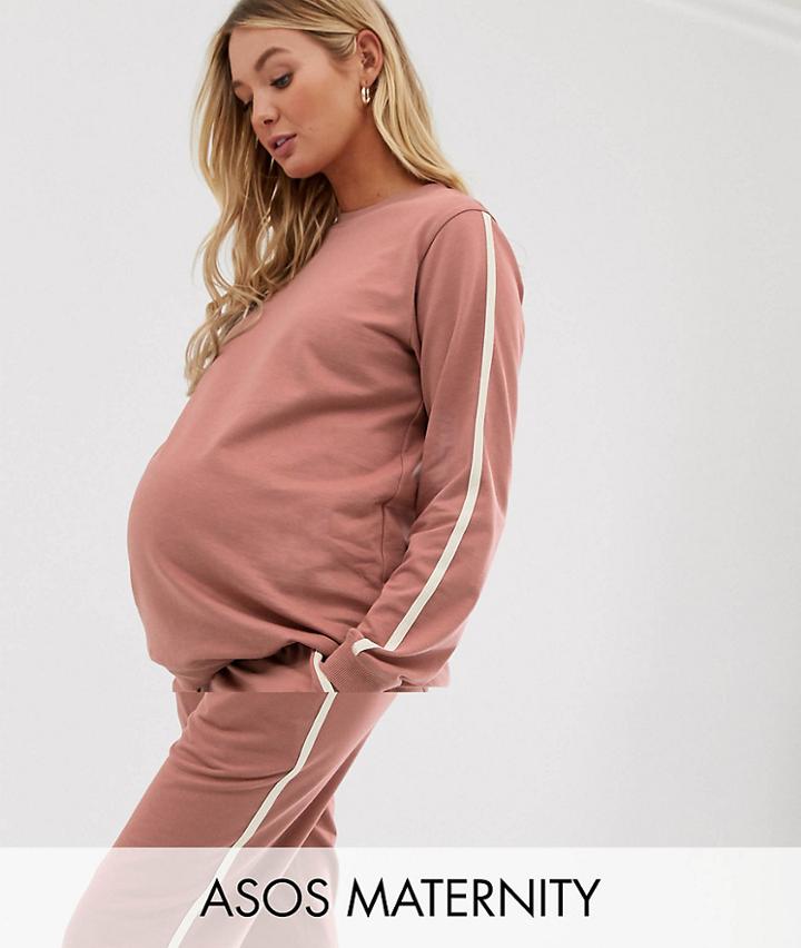 Asos Design Maternity Tracksuit Cute Sweat / Basic Under The Bump Jogger With Tie With Contrast Binding-pink