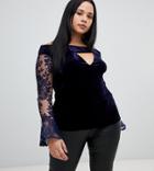 Missguided Plus Lace Sleeve Velvet Bardot Top In Navy - Navy