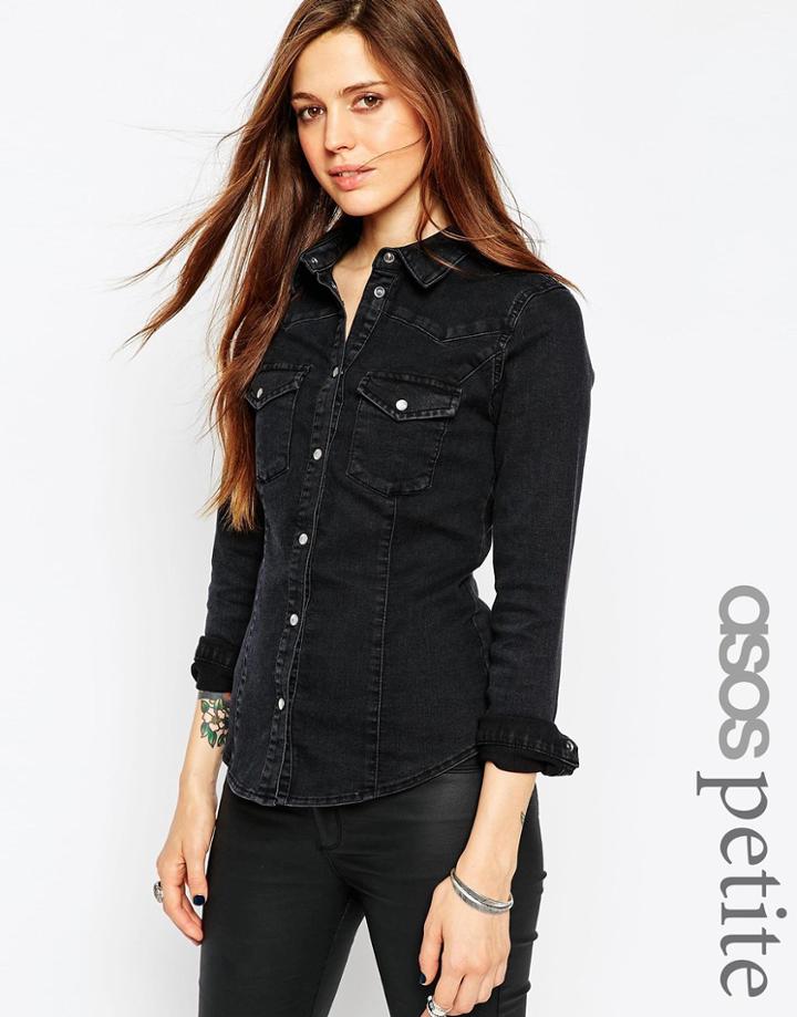 Asos Petite Denim Fitted Western Shirt In Washed Black - Black