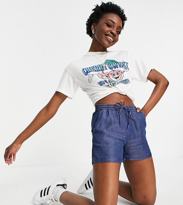 Only Tall Chambray Shorts With Tie Waist In Dark Blue-blues