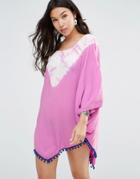 Gypsy 05 Tie Dye V Poncho With Pompom Trim - Acarati Lilac
