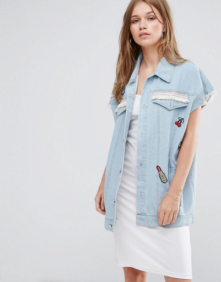 Liquorish Denim Vest With Patchwork Detail - Blue