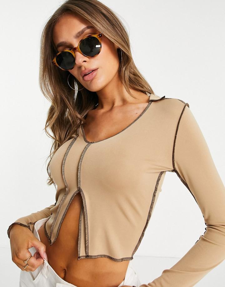 Love & Other Things Seam Paneled Top In Camel With Brown Stitching
