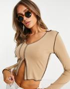 Love & Other Things Seam Paneled Top In Camel With Brown Stitching