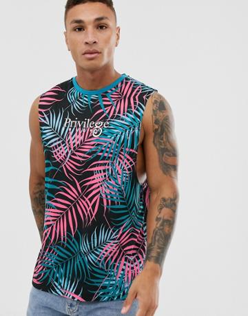 Asos Design Privilege Ibiza Sleeveless T-shirt With Dropped Armhole And All Over Print-multi