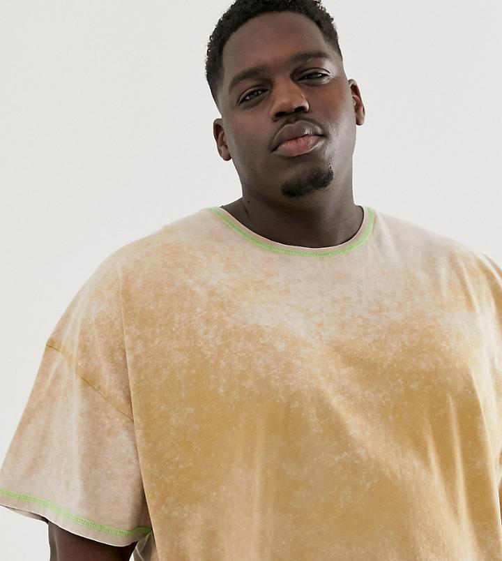 Asos Design Plus Oversized T-shirt With Acid Wash And Contrast Stitching - Beige