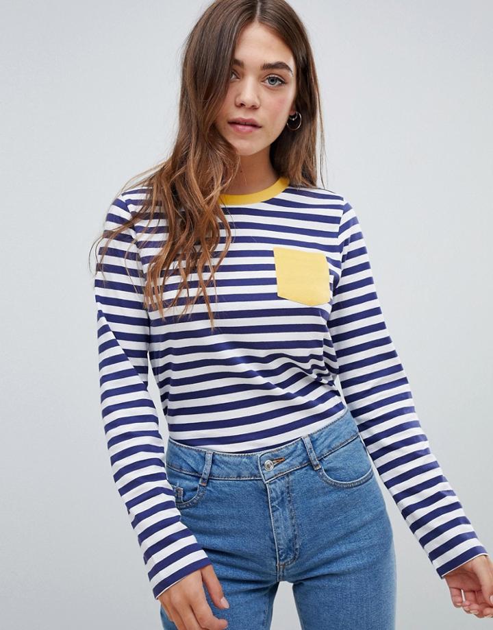 Asos Design Long Sleeve Stripe Top With Contrast Pocket - Multi