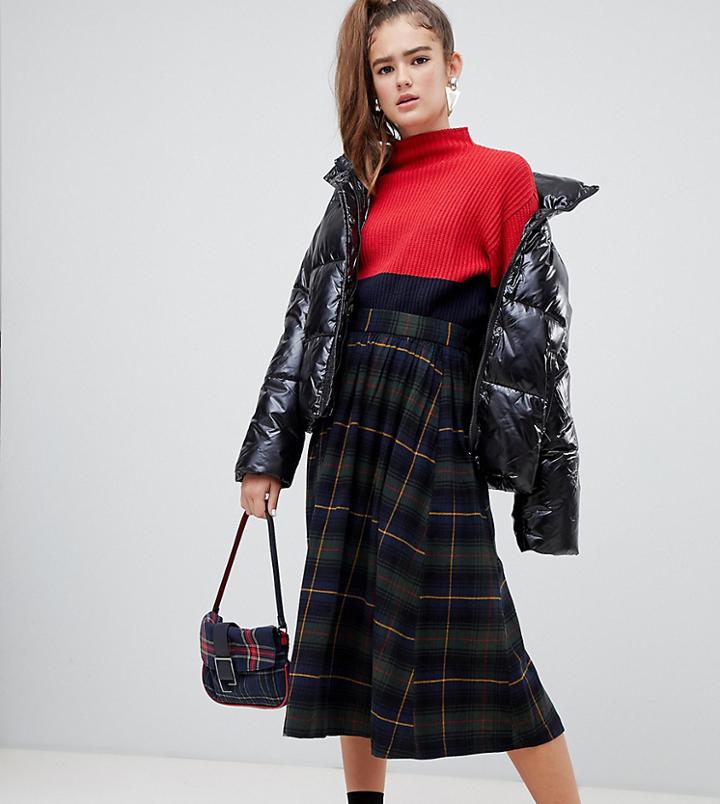 Monki Plaid Print Midi Skirt In Navy And Green