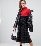 Monki Plaid Print Midi Skirt In Navy And Green