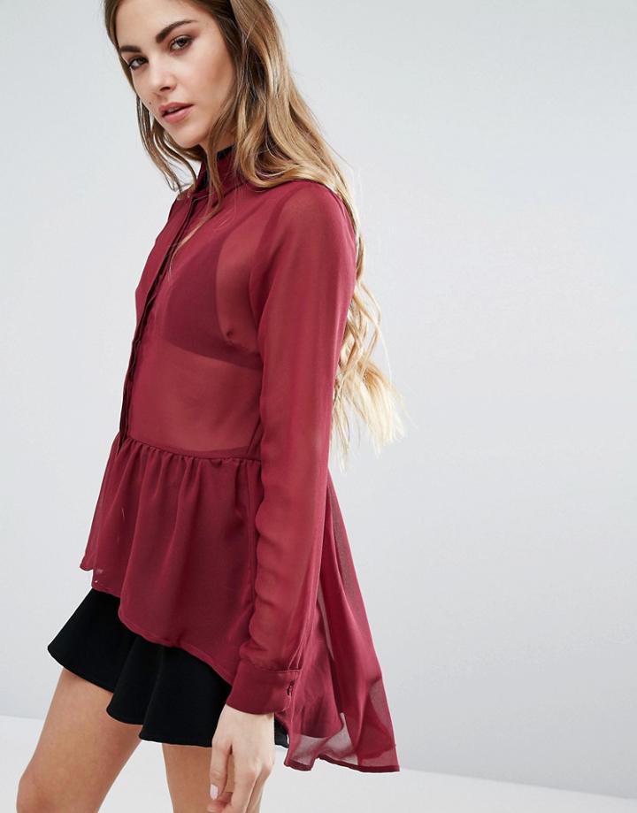 Qed London Peplum Hem Sheer Blouse - Red