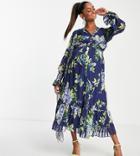 Asos Design Maternity Satin Stripe Midi Dress With Blouson Sleeve And Button Detail In Navy Floral Print-multi