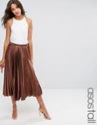 Asos Tall Midi Skirt In Pleated Satin - Brown