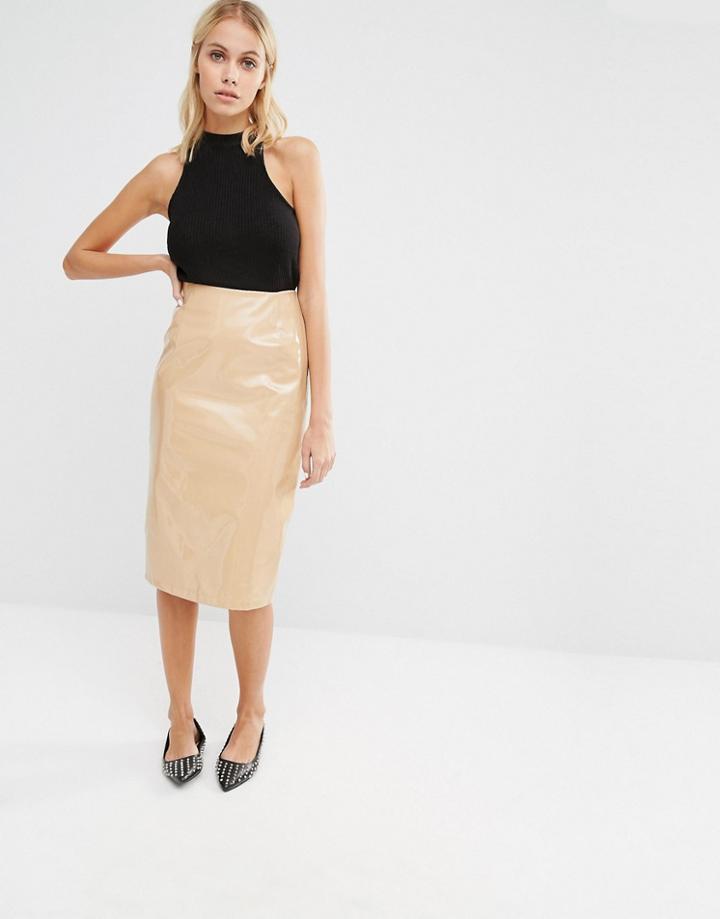 Fashion Union Patent Midi Skirt - Camel