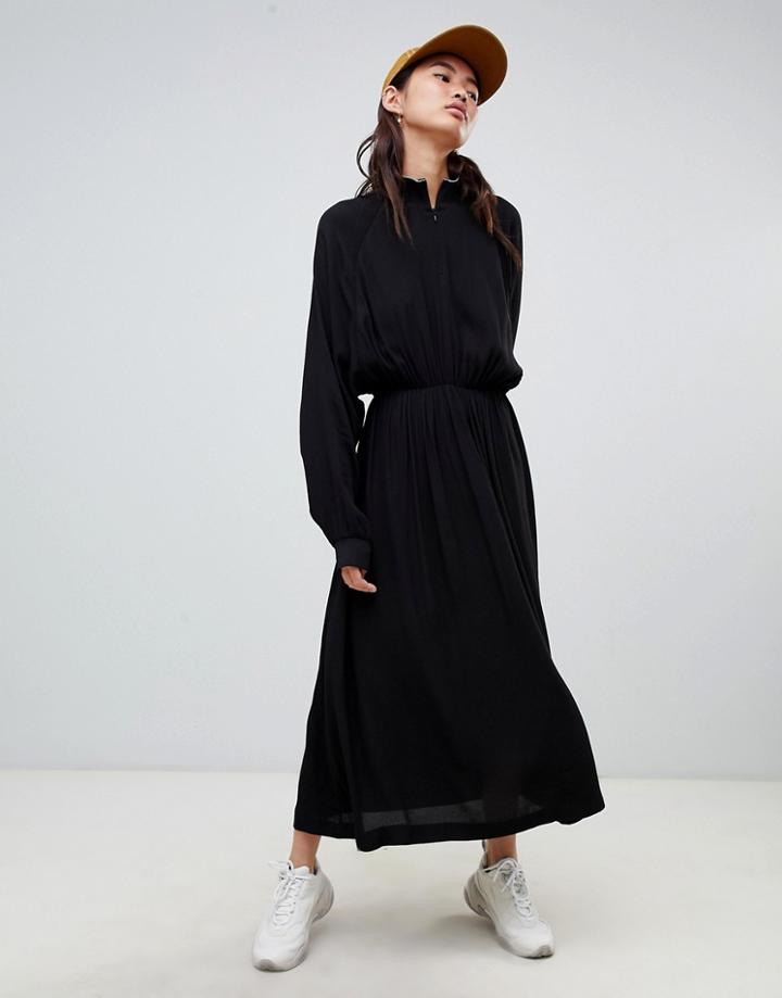 Weekday High Neck Ruched Midi Dress - Black