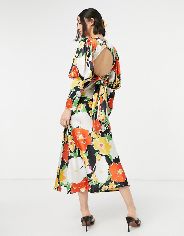 Asos Design Satin Puff Sleeve Bias Midi Dress In Bold Floral Print-multi