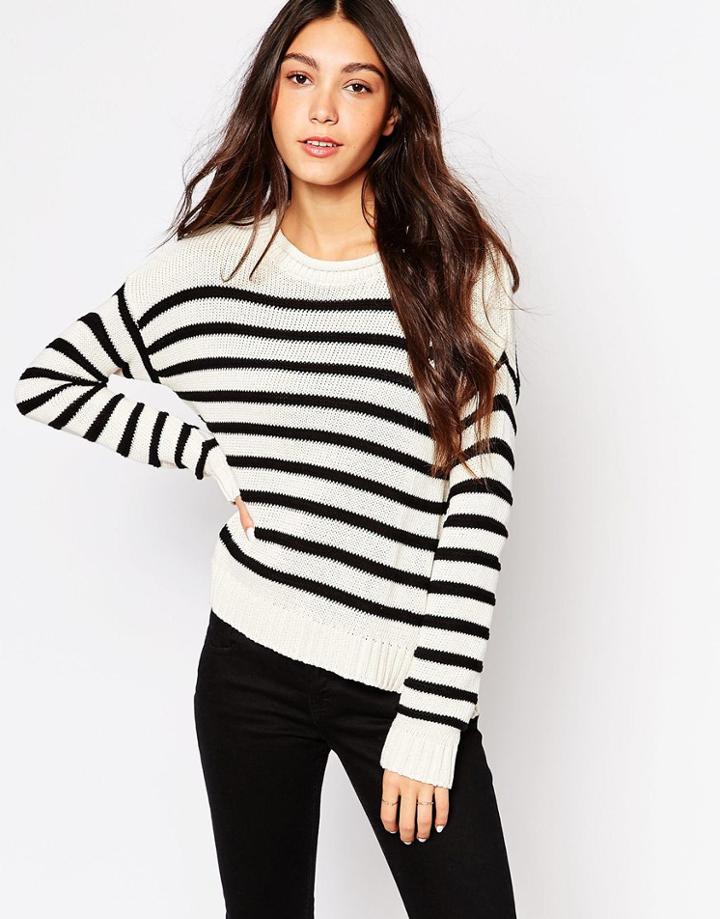 Daisy Street Stripe Crew Sweater With Side Splits - Navy With Cream