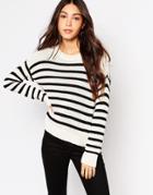 Daisy Street Stripe Crew Sweater With Side Splits - Navy With Cream