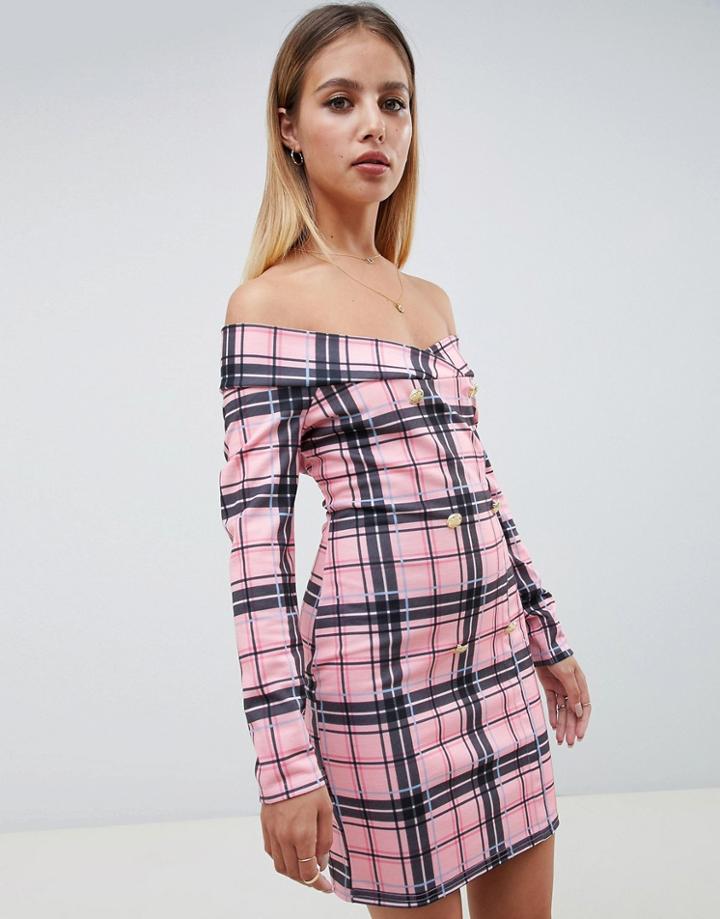 Asos Design Check Print Off Shoulder Blazer Dress-multi