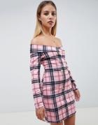 Asos Design Check Print Off Shoulder Blazer Dress-multi