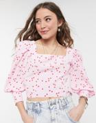 Miss Selfridge Square Neck Top With Puff Sleeves In Red Polka Dot-pink