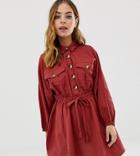 Asos Design Petite Mini Casual Shirt Dress With Drawstring Waist - Red