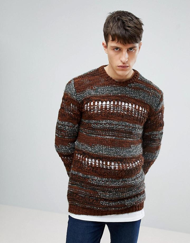 Asos Textured Sweater With Stripe Detail In Brown - Brown