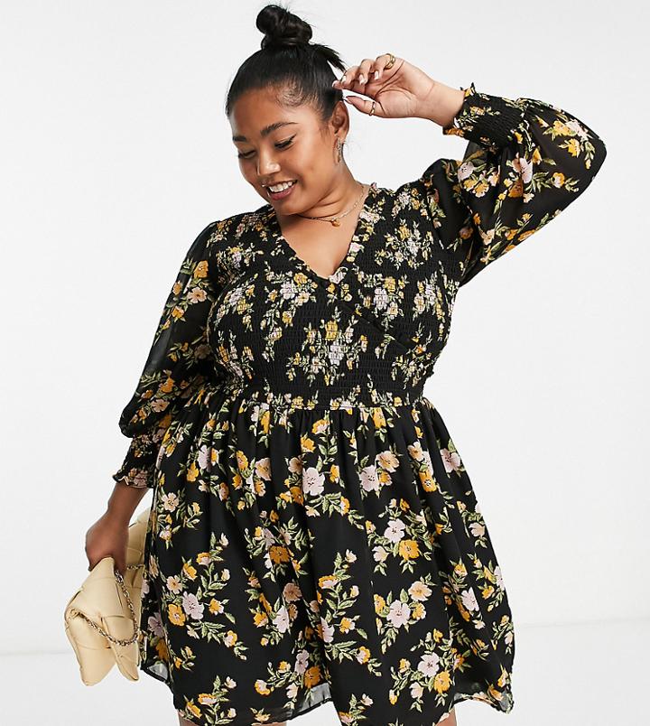Asos Design Curve Mini Smock Dress With Shirred Cuffs In Black Base Orange Floral Print-multi