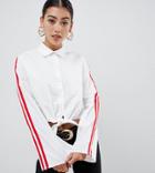 Boohoo Petite Tie Front Shirt With Stripe Sleeves In White - White