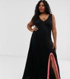 Asos Design Curve Jersey Beach Maxi Cover Up With Side Split & Neon Tape Trim-black