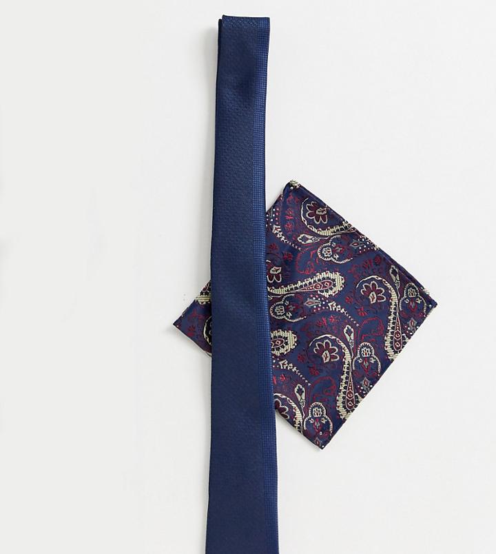 Asos Design Slim Tie In Navy & Paisley Pocket Square