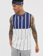 Asos Design Organic Cotton Standard Sleeveless T-shirt In Contrast Vertical Stripe - Blue