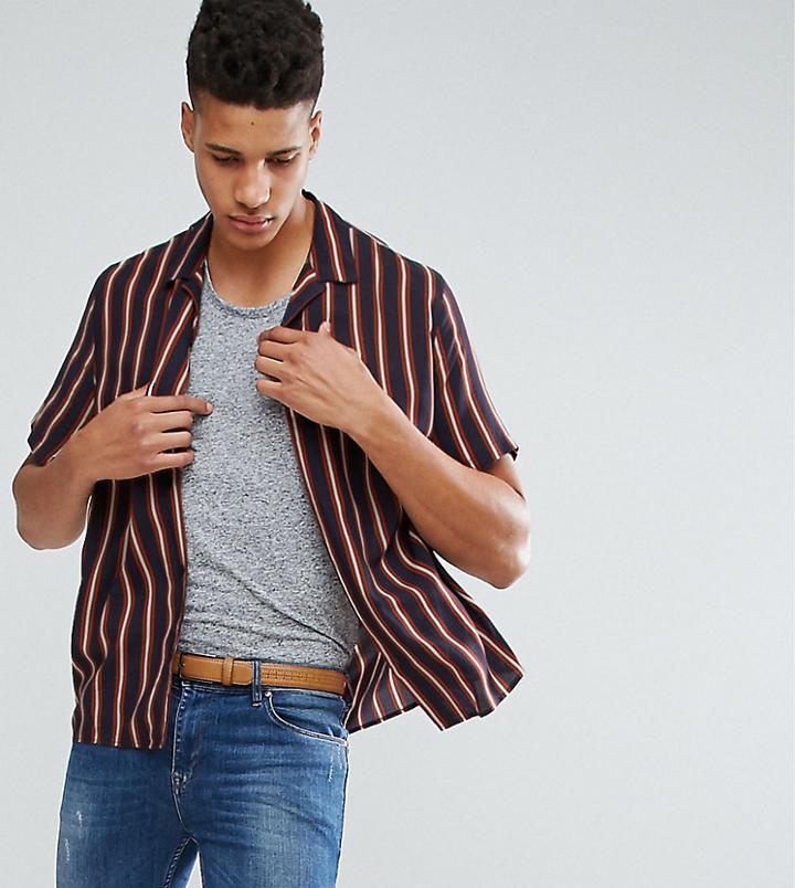 Asos Tall Oversized Viscose Stripe Shirt With Revere Collar - Navy