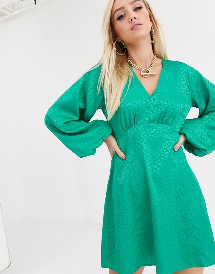 Asos Design Mini Dress With Puff Sleeves In Jacquard