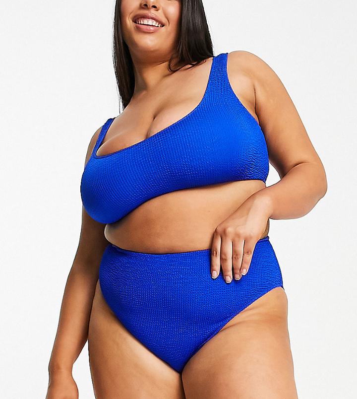 Asos Design Curve Mix And Match Crinkle High Leg High Waist Bikini Bottom In Cobalt Blue