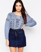 Hazel Embrodiered Panel Tie Neck Blouse - Indigo
