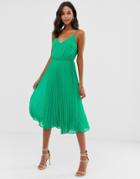 Asos Design Pleated Cami Midi Dress With Drawstring Waist-green