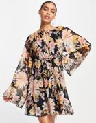 Asos Design Keyhole Front Belted Mini Skater Dress In Retro Floral Print-multi